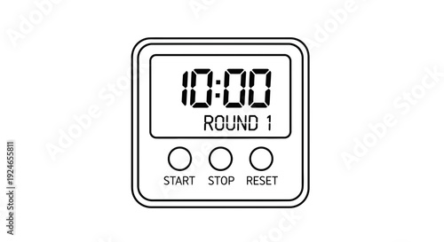 Digital Timer Displaying 10:00 for Round 1 with Start, Stop, Reset Buttons