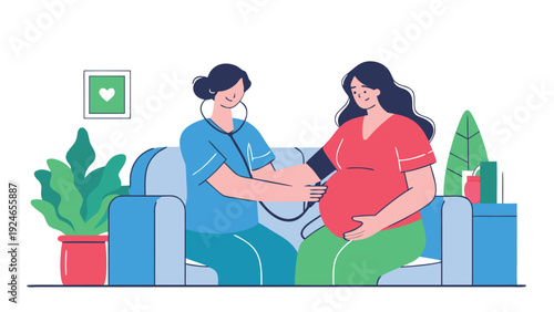 A smiling nurse checks the blood pressure of a happy pregnant woman sitting on a chair at home with a stethoscope.