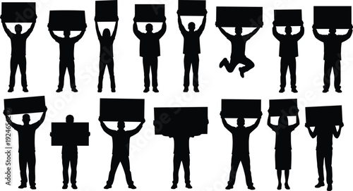 Black silhouettes of people holding blank signs and banners, activists at a protest, demonstration or strike, isolated on white background.