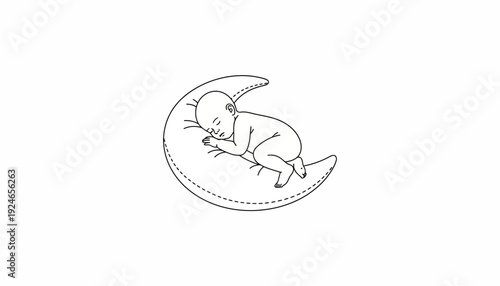 Cute baby sleeping peacefully on a crescent moon, illustration, dream, starry night sky background