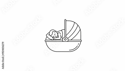 Cute baby sleeping peacefully in a vintage bassinet, simple line art illustration