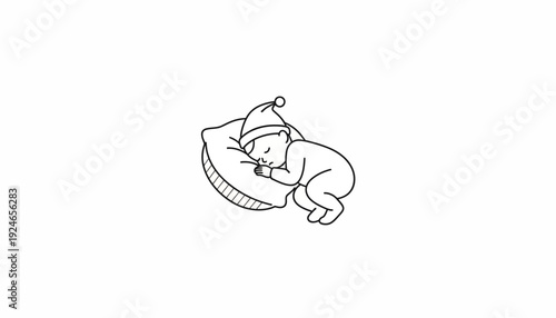 Cute Baby Sleeping Peacefully on Pillow with Nightcap - Line Art Illustration