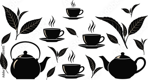 Black tea silhouettes set with teapots, steaming cups on saucers, and fresh tea leaves isolated on white background, herbal drink, breakfast.
