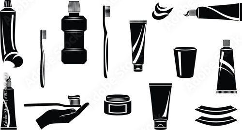 Black and white dental care icons set, toothpaste, toothbrush, mouthwash, and dental cream silhouettes isolated on white background, oral hygiene.