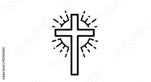 Christian Cross with Radiant Rays Icon, Religious Symbol of Faith and Hope