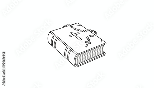 Christian Holy Bible with Rosary Beads and Cross Symbol