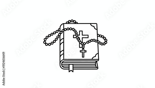 Christian Holy Bible and Rosary Beads with Cross Icon, Religious Symbolism