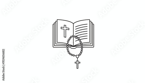 Christian Rosary Beads and Open Bible Icon: Religious Symbol of Faith and Prayer