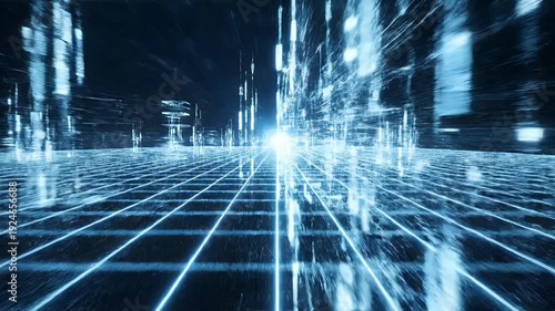 A futuristic digital landscape with glowing blue grid lines receding into a dark, abstract city