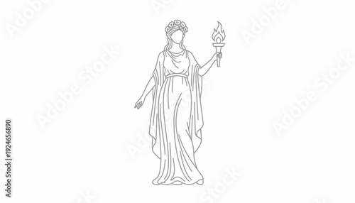 Classical Woman Holding Torch, Line Art Illustration