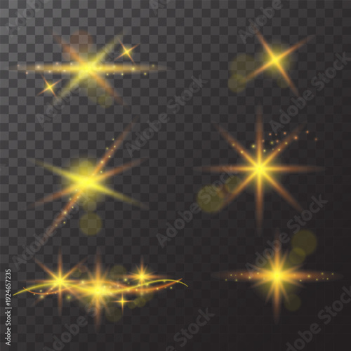 Sparkling star, sunburst particles, golden shimmering bokeh lights and sequins.