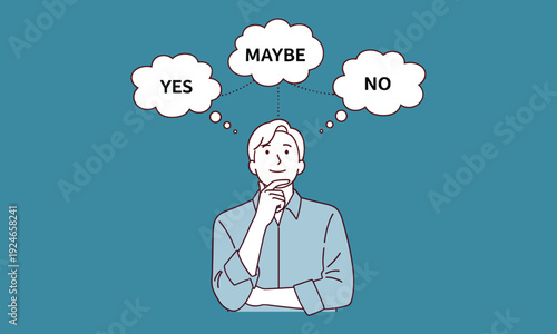 Man thinking between yes maybe and no options, decision making process, doubt and choice evaluation, problem solving mindset and uncertainty concept illustration