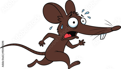 Scared Brown Mouse Cartoon Character Running Away in Panic with Sweat Drops and Wide Eyes Illustrating Fear Stress and Pest Control