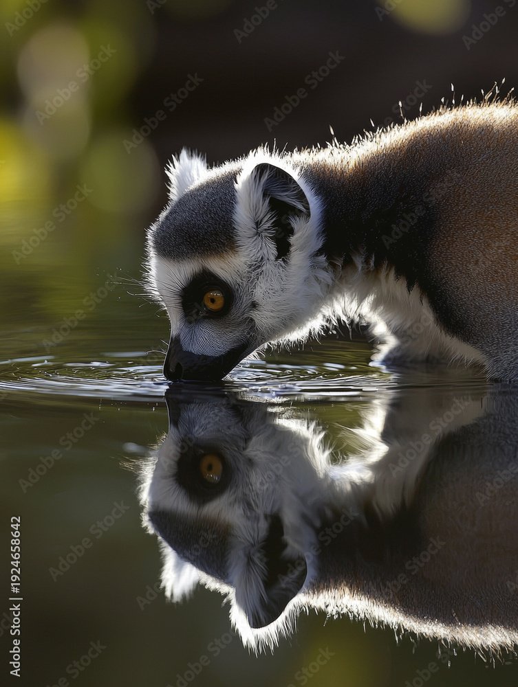 Obraz premium Backlit lemur gracefully drinking from water, its fur glowing, with a striking, clear reflection on the gently rippled surface
