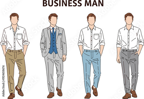 Stylish business man outfits set showing modern professional office wear, formal and smart casual fashion, corporate style, confident male clothing collection isolated illustration