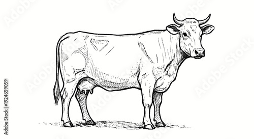 Cow Standing with Horns and Udder.
