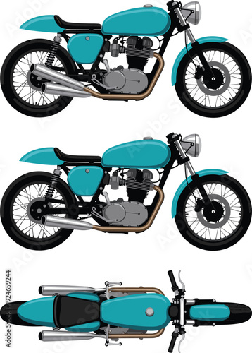 Cyan Blue Vintage Cafe Racer Motorcycle Vector Illustration Set Featuring Side and Top View Perspectives for Automotive Design Custom Garage and Biker Lifestyle