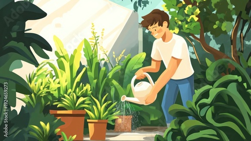 Man watering plants in a vibrant garden sunny day cartoon illustration