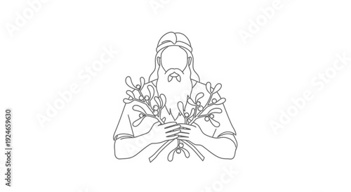 Ancient Man Holding Mistletoe Branches, Line Art Illustration
