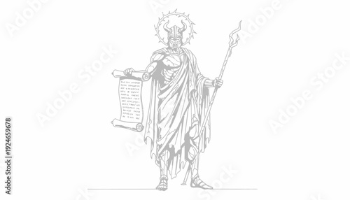 Ancient King Holding Scroll and Scepter, Mythological Warrior with Crown and Robes, Fantasy Art