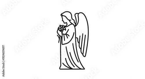 Angel Holding Lily Flower, Line Art, Religious Symbol, Vector Illustration
