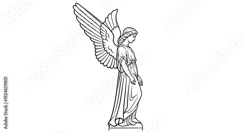 Angel Statue, Winged Figure, Religious Symbol, Sculpture, Black and White Line Art