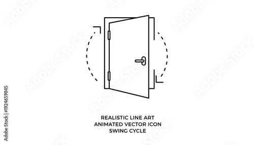Animated Line Art Icon of an Open Door with Swing Cycle