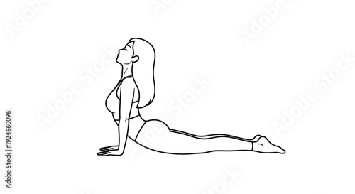 Woman doing yoga cobra pose, bhujangasana, on white background, line art, healthy lifestyle