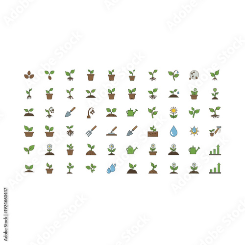 Plant Growth Icons: Seedling, Sprout, Plant, Flower, Garden Tools