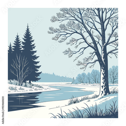 Winter Landscape with Snow-Covered River and Bare Trees