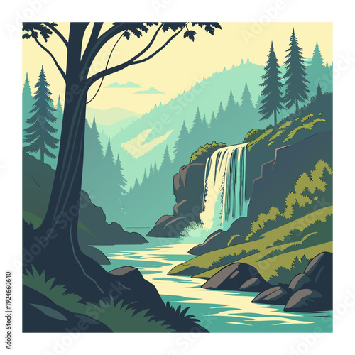 Lush Forest Waterfall and River in Misty Mountains, Nature Art