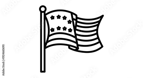 Vintage American Flag Icon with Stars and Stripes on Pole, Simple Line Art