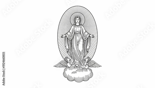 Vintage Engraving of Virgin Mary Ascending on Clouds with Angels, Radiant Halo