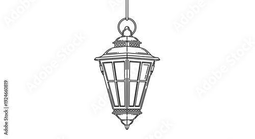 Vintage Hanging Lantern Drawing, Outdoor Light Fixture, Classic Design, Black and White Sketch