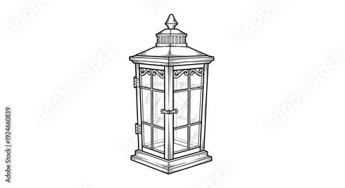 Vintage Lantern Drawing, Black and White Sketch, Old Fashioned Light Fixture