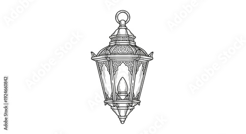 Vintage Lantern Drawing: Ornate Outdoor Hanging Light Fixture, Black and White Sketch