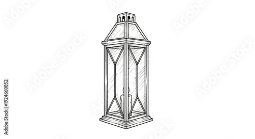Vintage Lantern Drawing with Candle Inside, Black and White Sketch Style