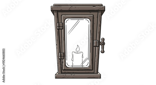 Vintage Lantern with Burning Candle Inside, Rustic Wooden Frame, Old Fashioned Light Source