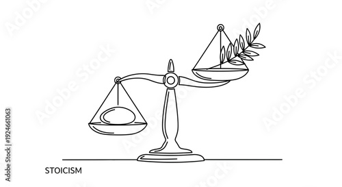 Stoicism concept: balance scale with stone and olive branch, representing inner peace and wisdom