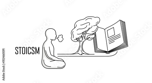 Stoicism Concept: Person Meditating Outdoors with Tree and Open Book