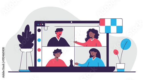 Four diverse individuals are engaging in an online video call on a laptop screen, with some playing chess.