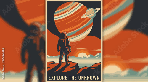 Retro Sci-Fi Space Travel Poster: Astronaut on Alien Planet Gazing at a Ringed World and Sunset