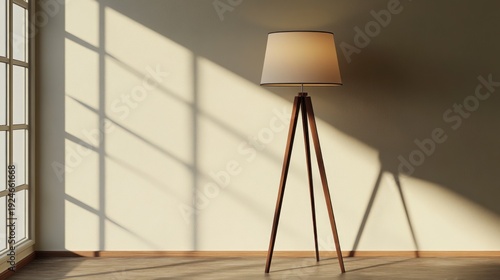 Modern floor lamp with a lampshade stands in a room beside a window