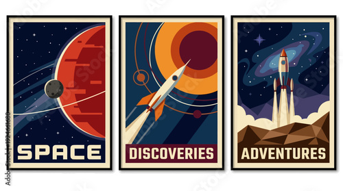 Retro Space Exploration Poster Set with Rockets, Planets & Cosmic Discoveries - Vintage Sci-Fi Art & Adventures