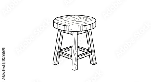 Simple Wooden Stool Drawing, Minimalist Furniture Illustration, Isolated on White Background