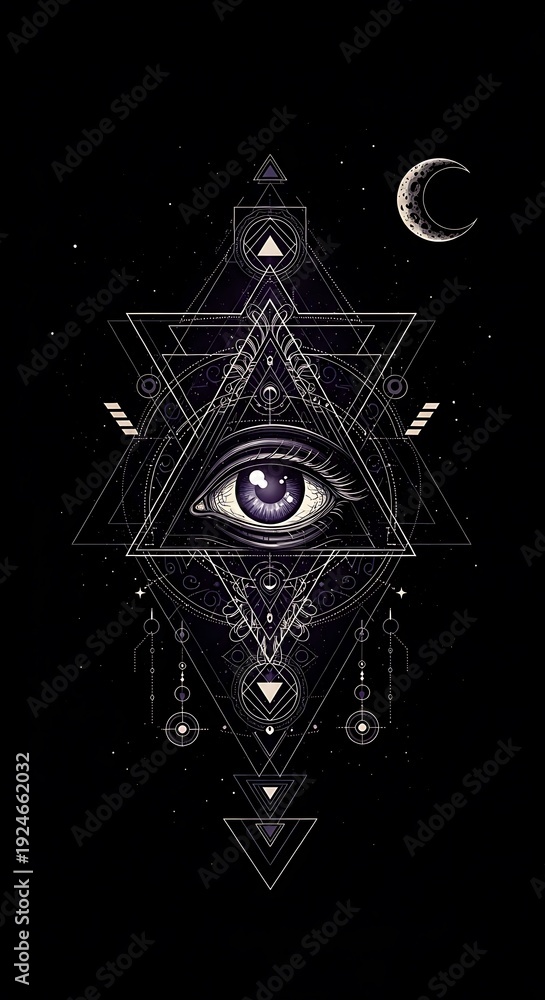 Fototapeta premium Mystical All-Seeing Eye with Sacred Geometry and Celestial Elements on a Dark Background.