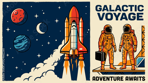 Retro Space Adventure Poster: Astronauts and Rocket Launch Towards Galactic Voyage