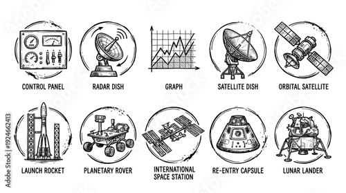 Hand Drawn Space Exploration Technology Icons Set. Vintage Engraved Rocket, Satellite, Rover, ISS, Lander, Control Panel Sketches.