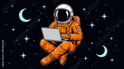 Astronaut Working on Laptop in Outer Space, Remote Work & Future Tech Illustration