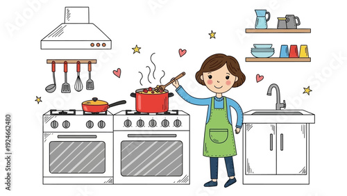 Woman Cooking in Kitchen Illustration.